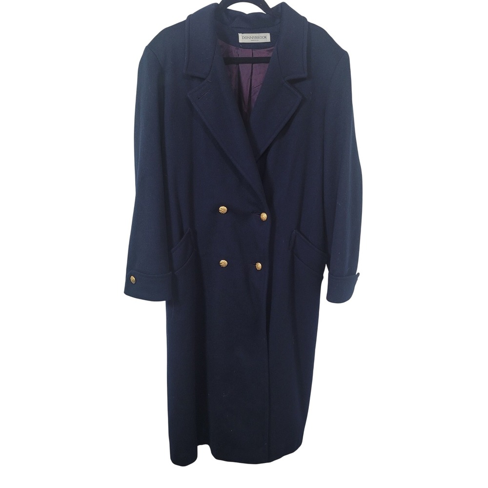 Donnybrook 12 Long Wool Overcoat Women Navy Blue Gold Button Double Breasted USA